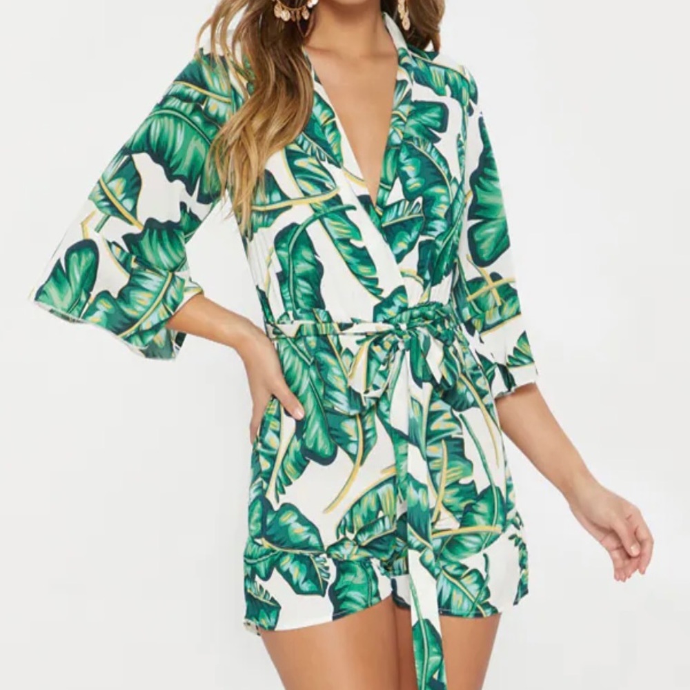 Green tropical print romper